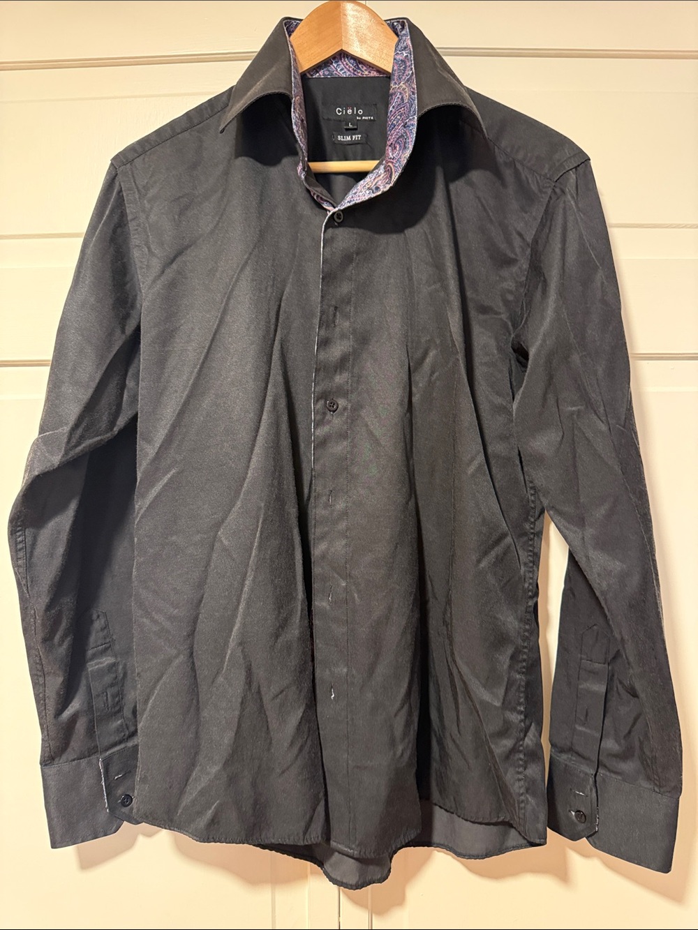 Cielo Men’s Black Dress Shirt with Paisley Inner Collar Size Large Slim fit